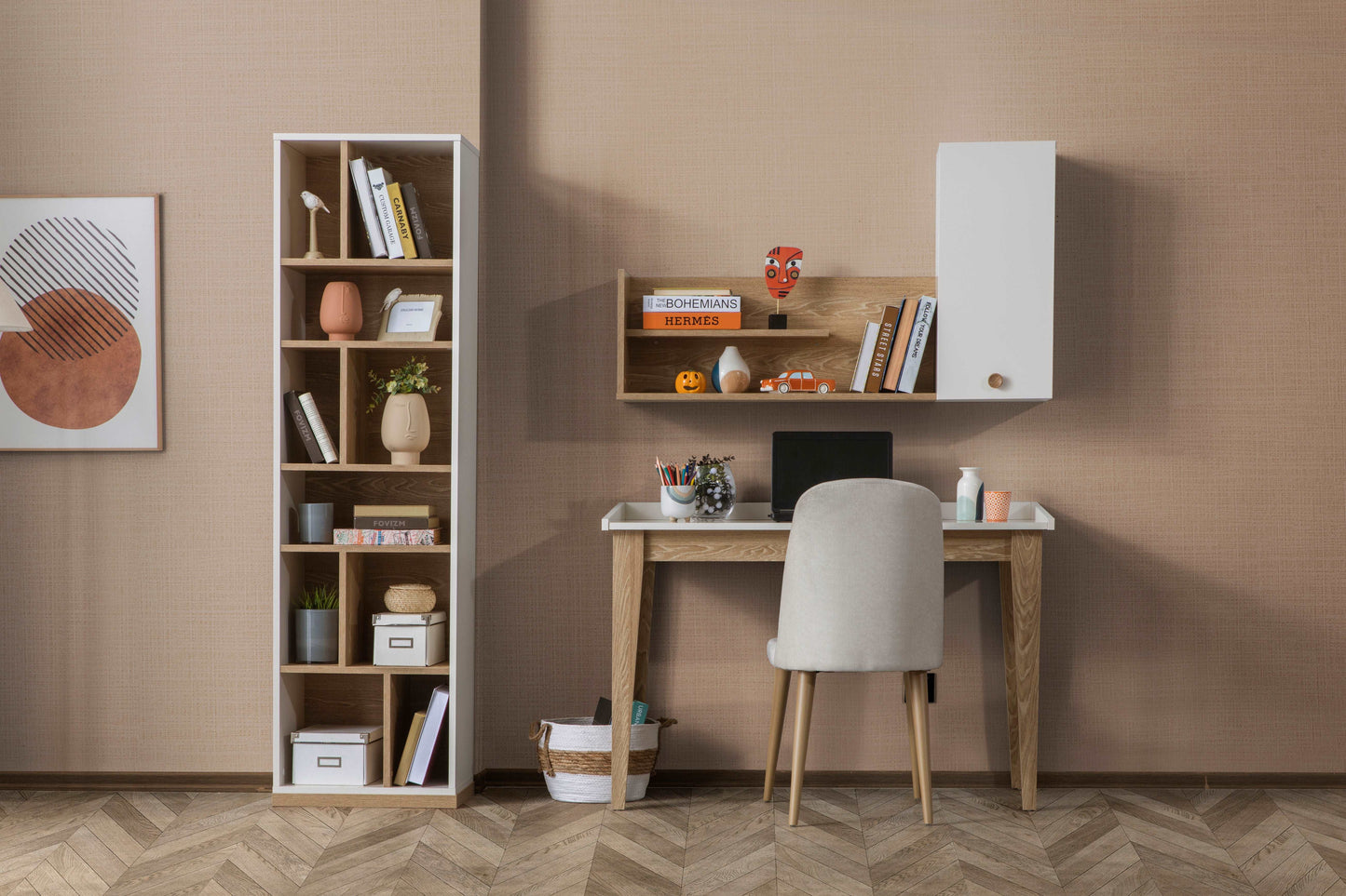 Bohemian Bliss office furniture set includes desk and bookshelf