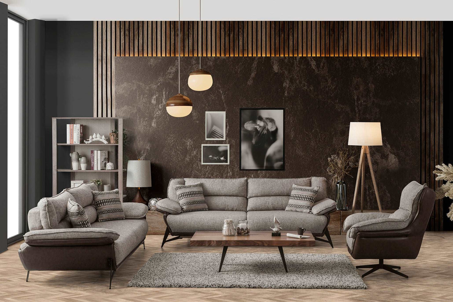 A captivating room featuring the Artemis Sofa as the centerpiece, showcasing its contemporary design and inviting comfort. The luxurious fabric upholstery and sleek leather accents effortlessly complement the room's elegant decor, creating a stylish and cozy ambiance in your Toronto living space.