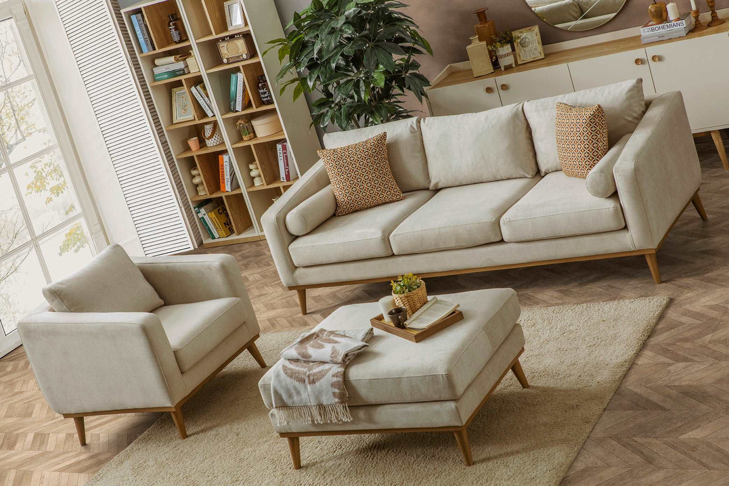 Bohemian bliss furniture living room set in crème upholstery colour