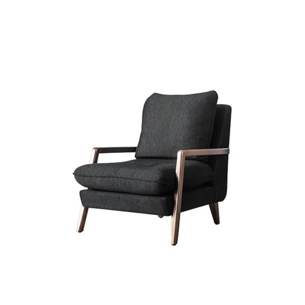 dark grey armchair with medium chocolate legs
