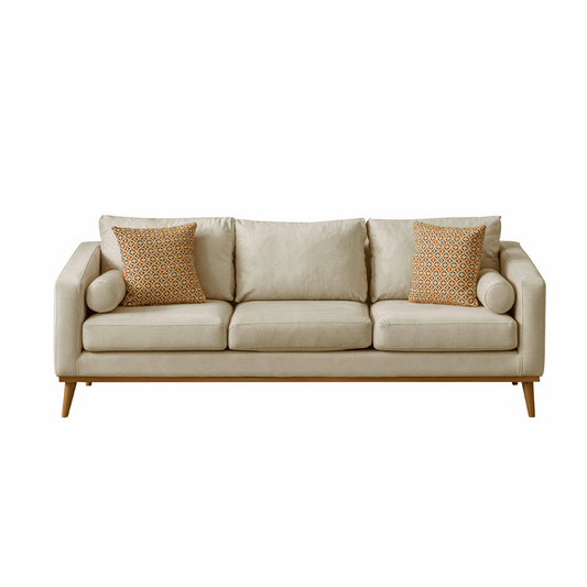 Creme upholstery sofa with wood legs in Bohemian style