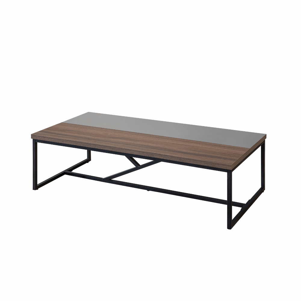 Coffee table with with black legs half wood and half grey 
