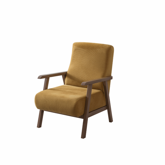 mustard armchair with wooden legs
